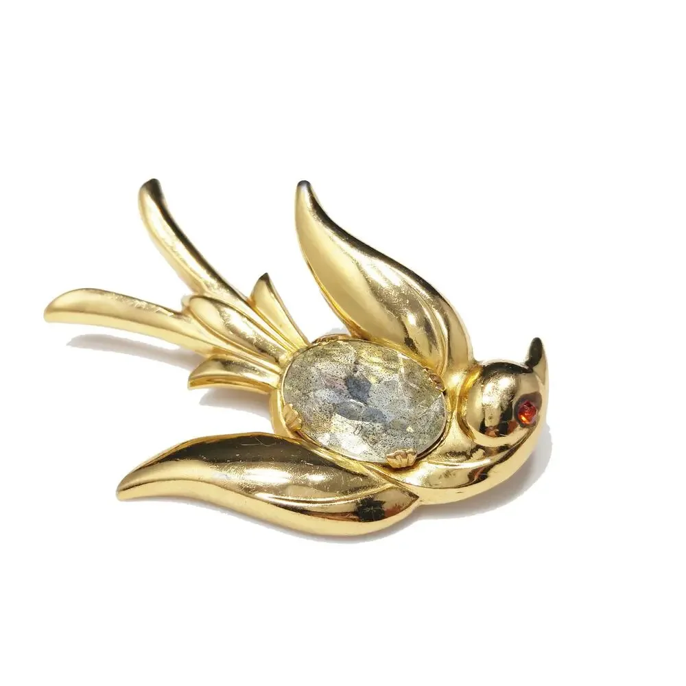 Coro Pegasus Bird Brooch, Clear Faceted Rhinestone Red Eye 1940s Vintage Jewelry